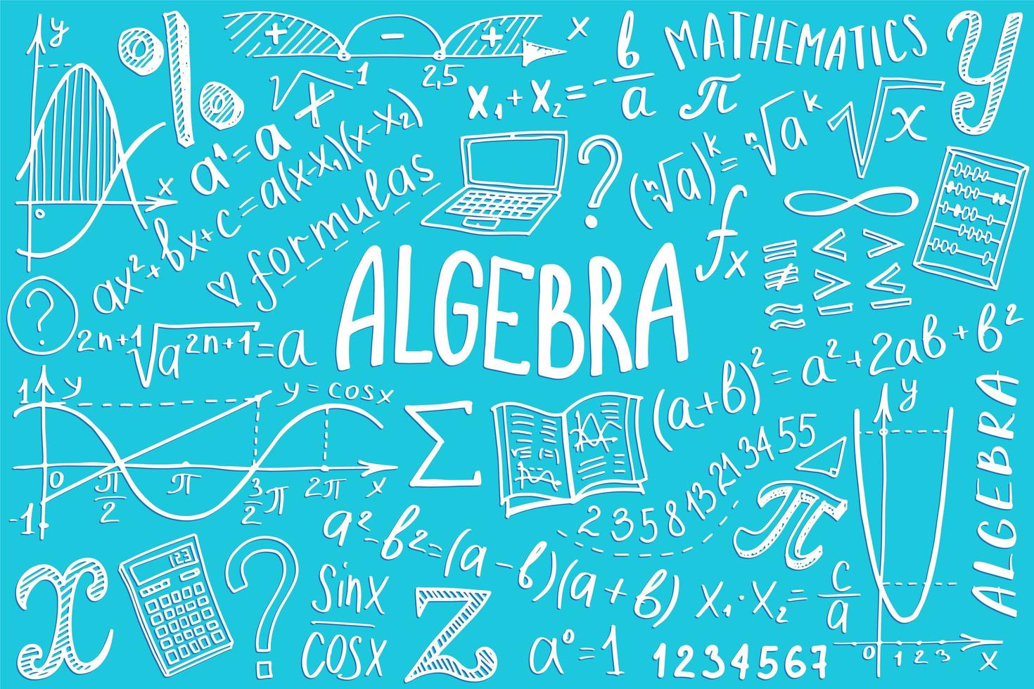 conjunto de iconos de símbolos matemáticos. diseño de garabatos de álgebra o matemáticas. concepto de educación y estudio. fondo de regreso a la escuela para cuaderno, no bloc, cuaderno de bocetos. ilustración dibujada a mano. vector