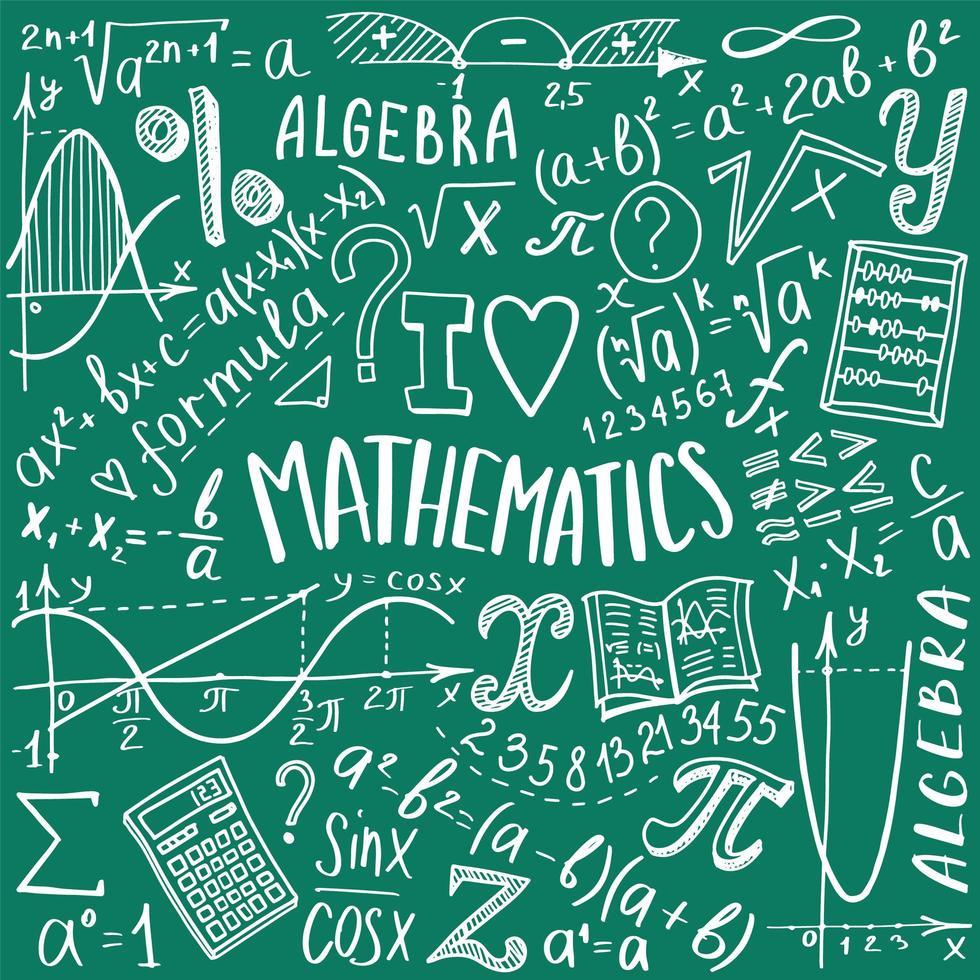 conjunto de iconos de símbolos matemáticos. diseño de garabatos de álgebra o matemáticas. concepto de educación y estudio. fondo de regreso a la escuela para cuaderno, no bloc, cuaderno de bocetos. ilustración dibujada a mano. vector