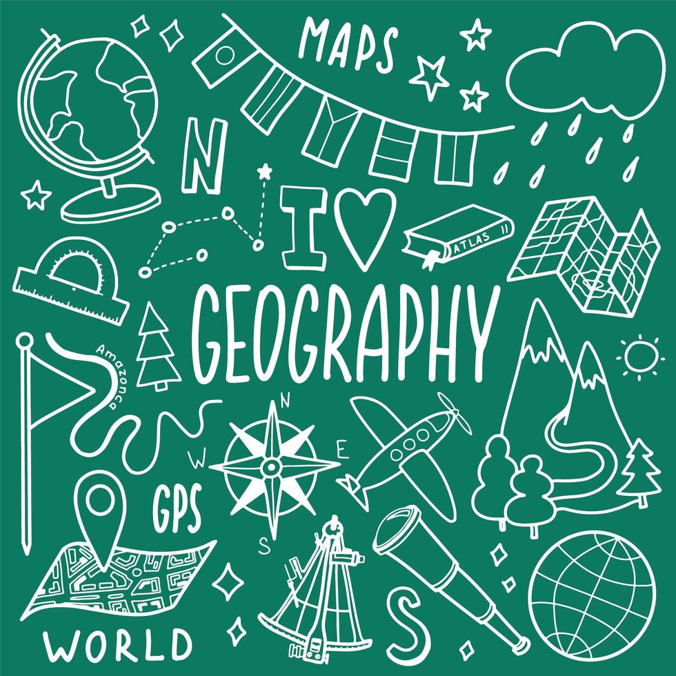 Conjunto de iconos de símbolos de geografía. diseño de asignaturas escolares. boceto de esquema de educación en estilo doodle. estudio, concepto de ciencia. fondo de regreso a la escuela para cuaderno, cuaderno de bocetos. vector