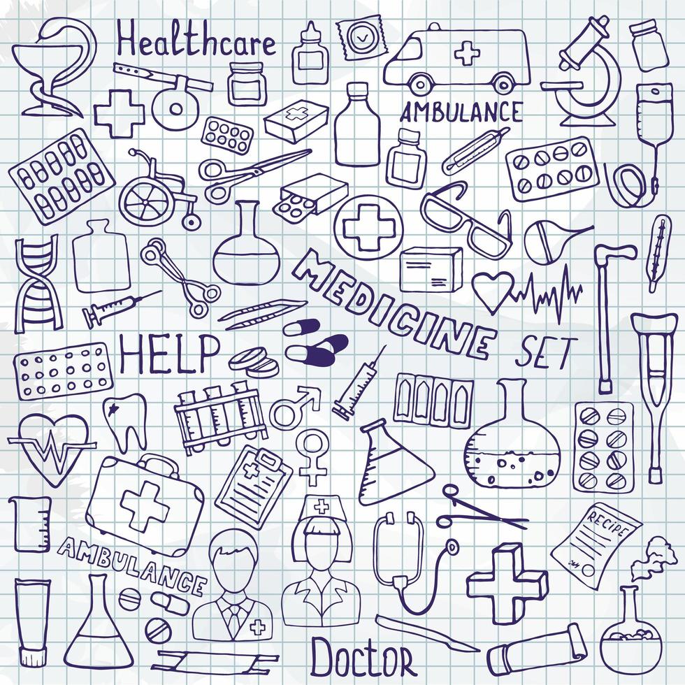 conjunto de iconos de atención médica y medicina. ilustraciones de garabatos vectoriales. vector