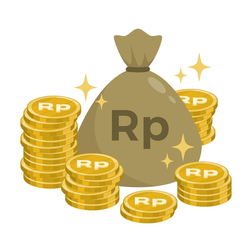 Gold indonesian rupiah coins money bag. Flat design. vector