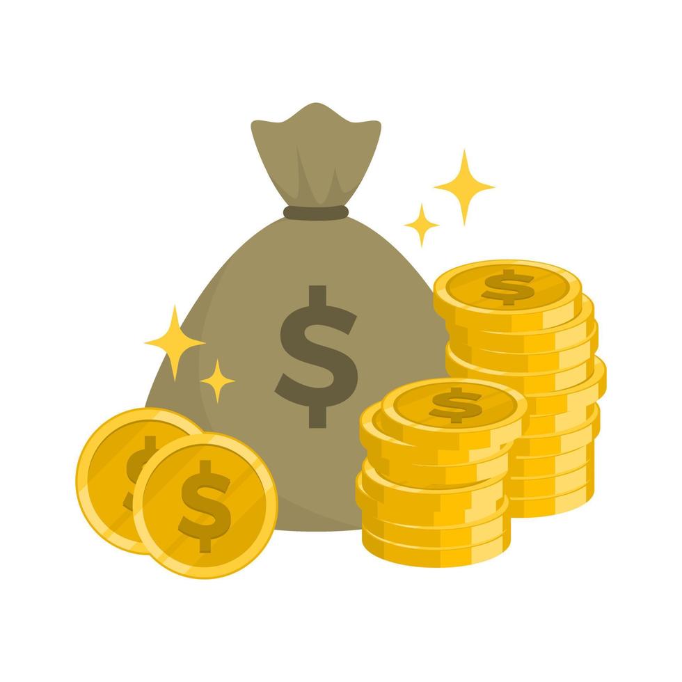 Gold dollar coins money bag. Flat design. Editable vector format