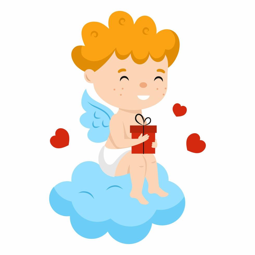 A cute angel is sitting on a cloud. A cherub holds a gift in his hands. Cupid for Valentine's Day. The 14th of February. vector