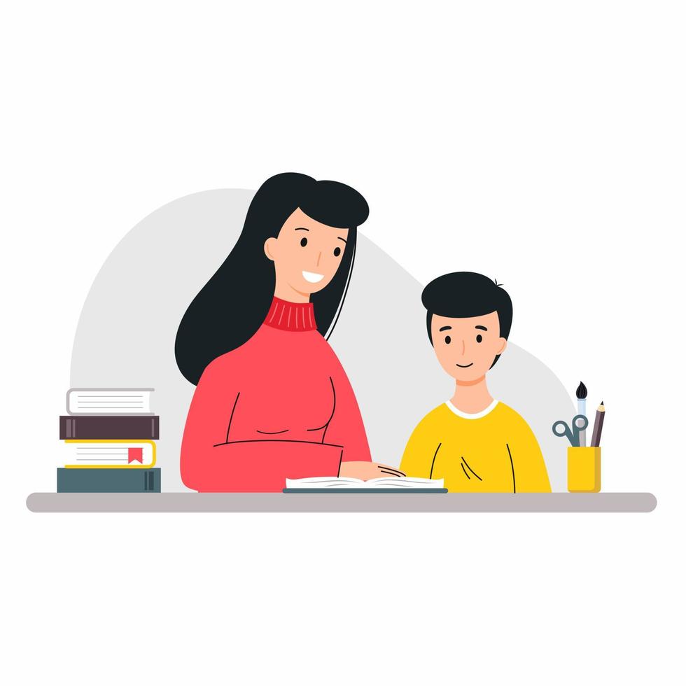 Mom does homework with son. Boy is engaged with tutor. Woman and child reading book. Home schooling. School homework. Teacher and student. vector