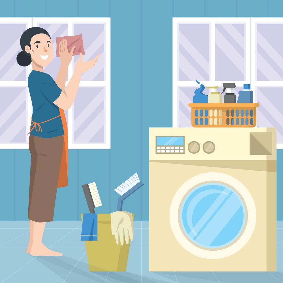 A Women Doing Spring Cleaning In Her House vector