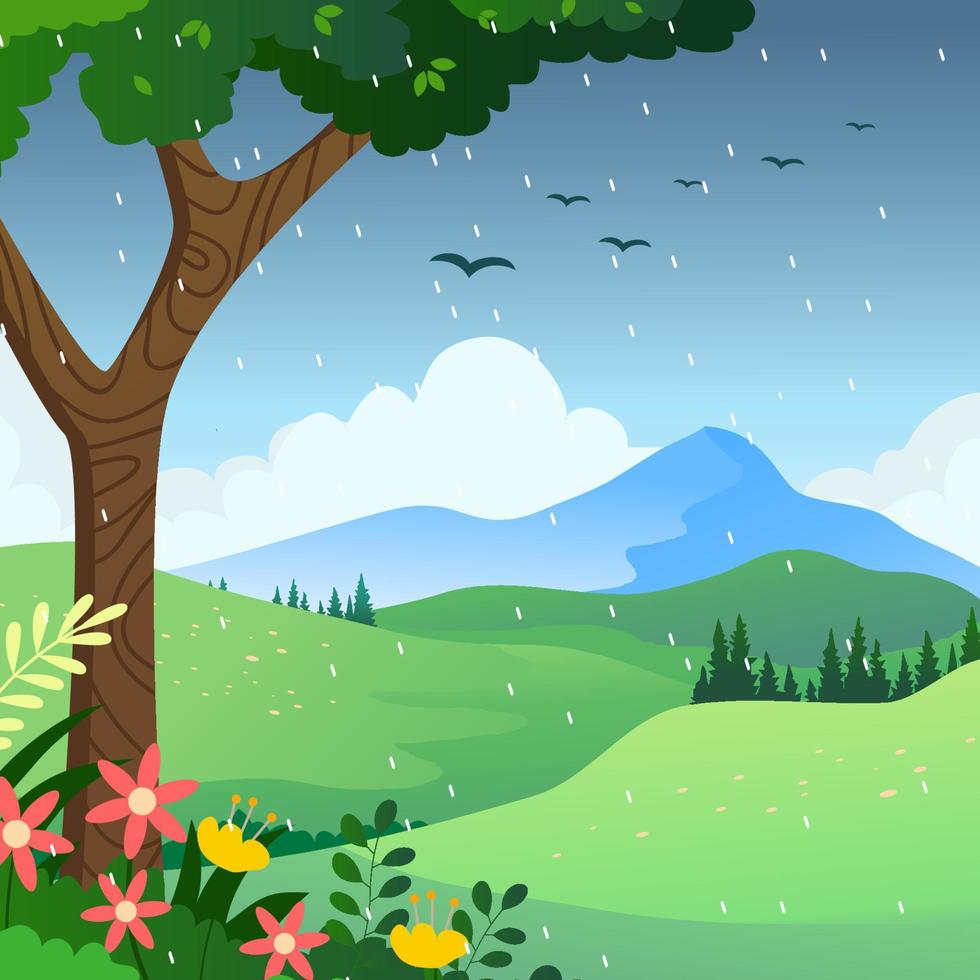 Spring Shower With Beautiful Mountain Background vector