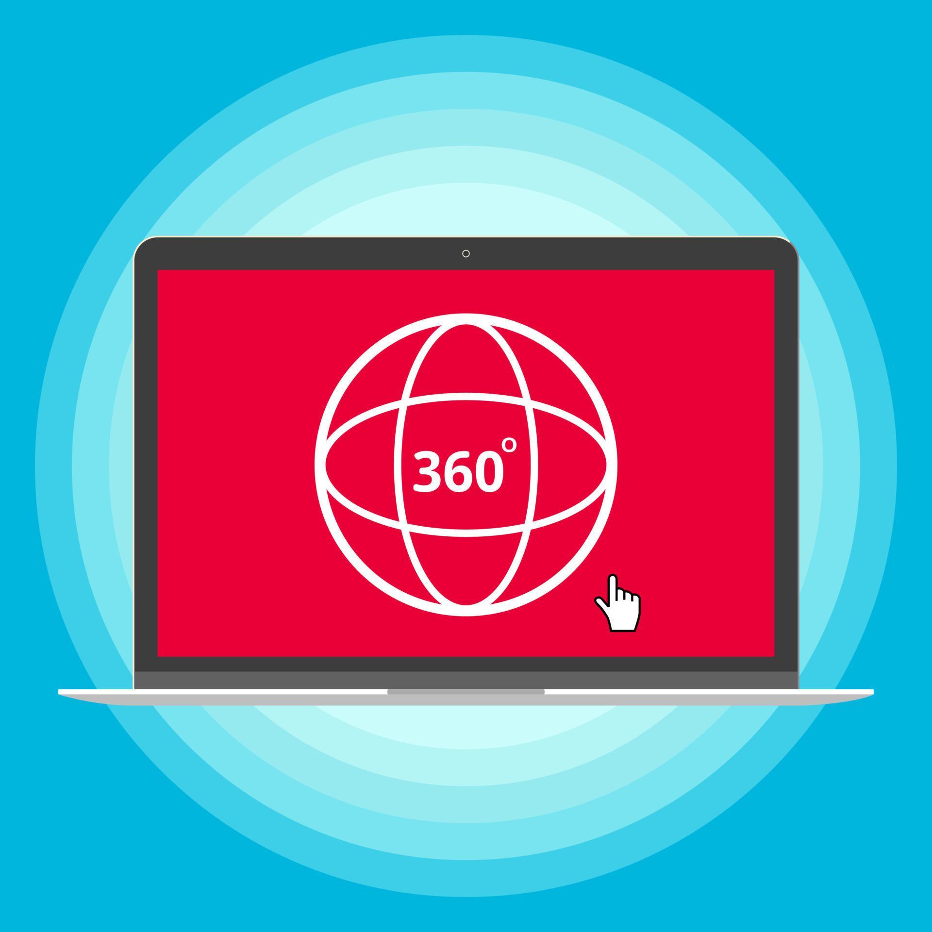 Laptop with 360 degrees angle icon sign on the screen and cursor hand