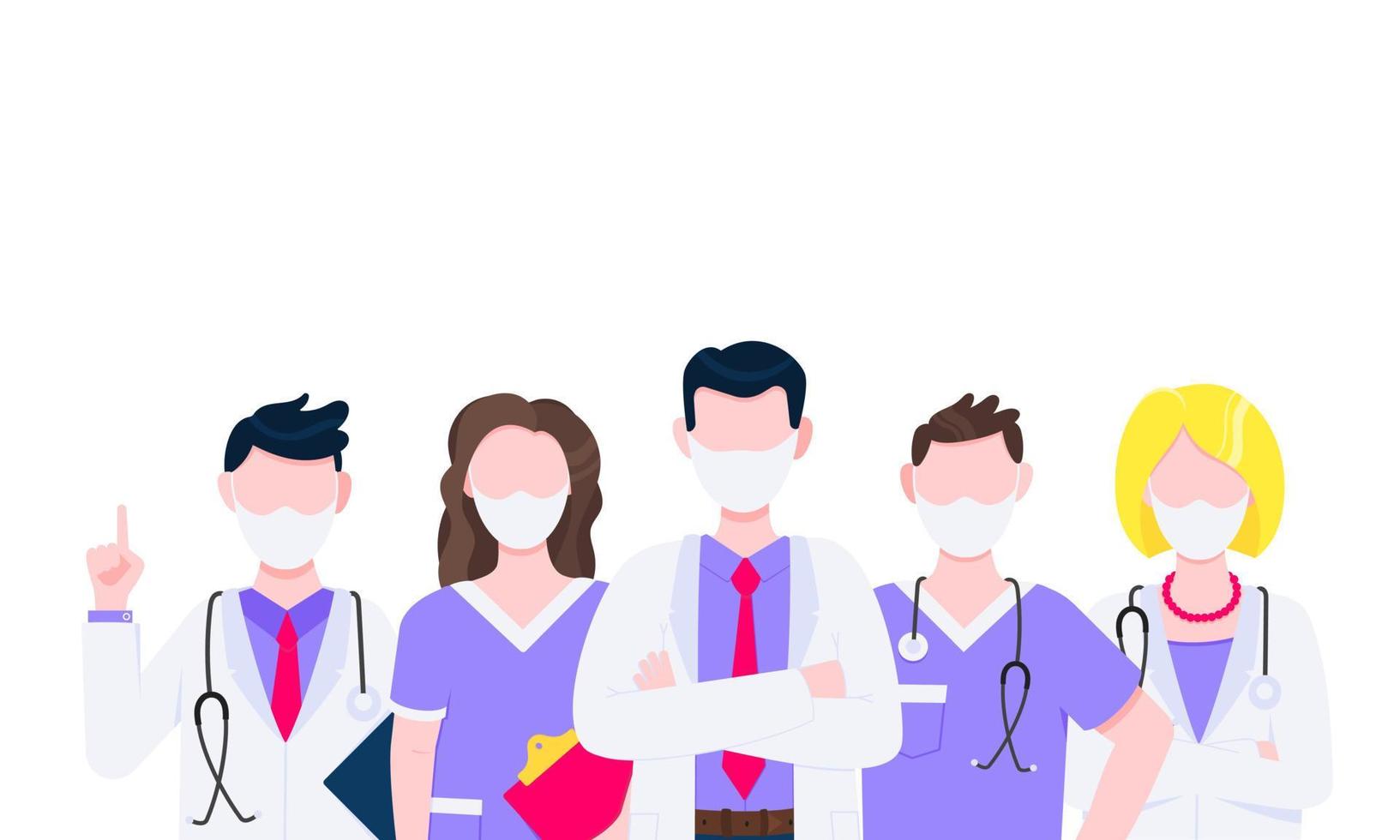 Successful team of medical employee doctors with face masks vector illustration