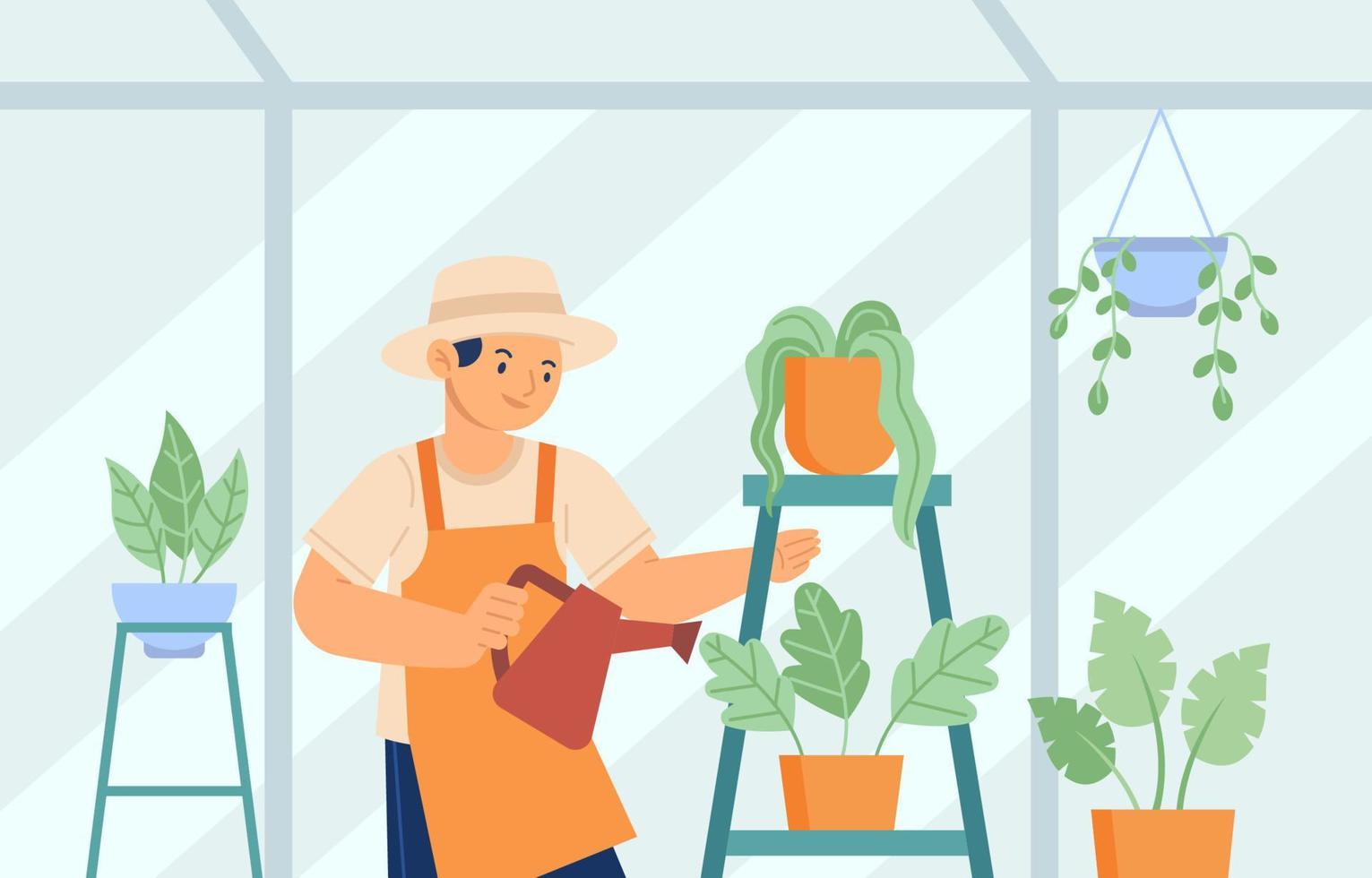 invernadero de diseño plano con personas que cultivan plantas vector