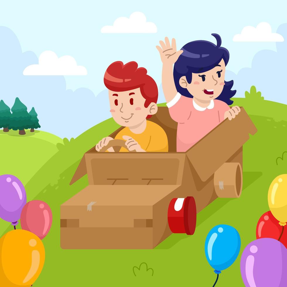 Hand drawn boy and girl in the cardbox car vector