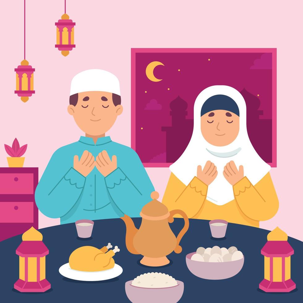 iftar de diseño plano con pareja de musulmanes rezando vector