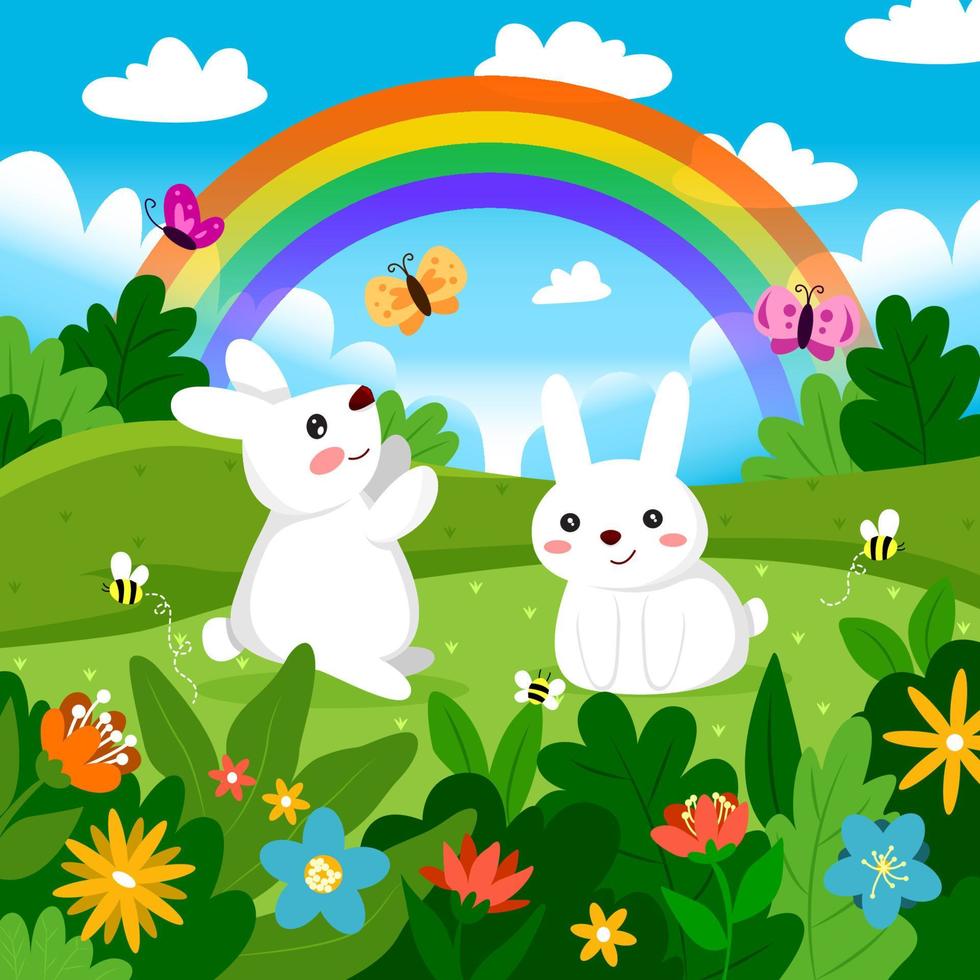 conejos juguetones jugando en el campo de primavera lleno de flores y arco iris vector