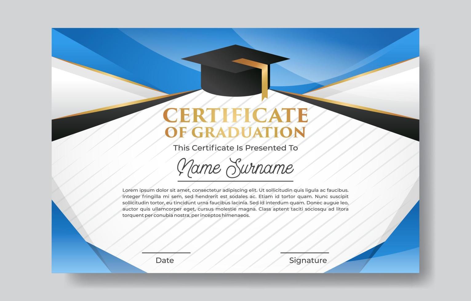 plantilla de certificado de graduación con sombrero de toga vector