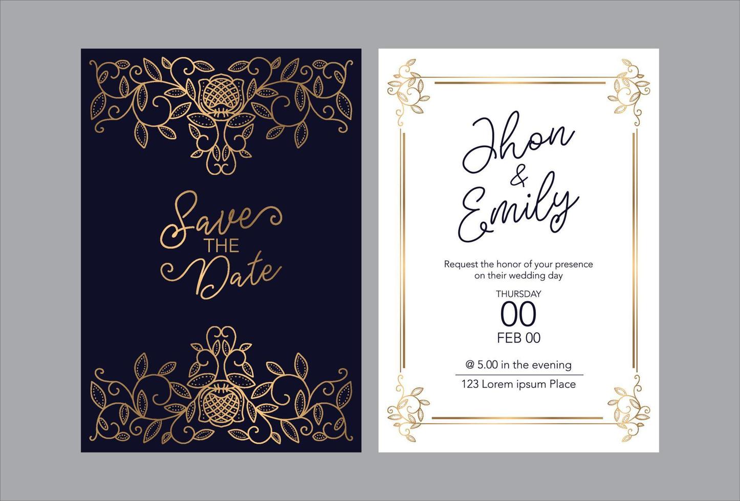 tarjetas de invitación de boda estilo barroco dorado. patrón de la vendimia ornamento victoriano retro. marco con elementos de flores. ilustración vectorial vector