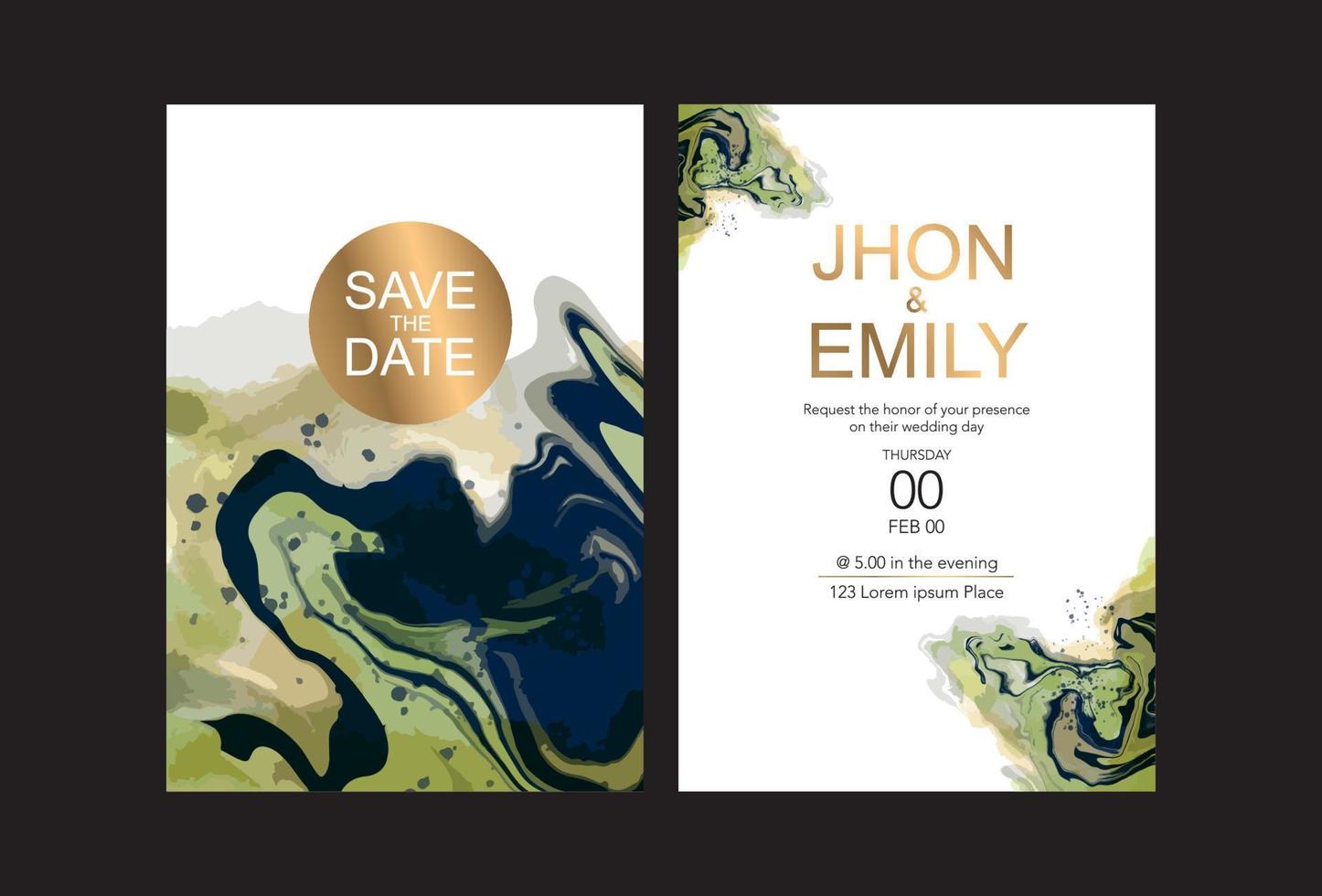 Modern abstract luxury wedding invitation design or card templates for birthday greeting or certificate or cover with navy blue watercolour waves or fluid art in alcohol ink style with golden glitter. vector