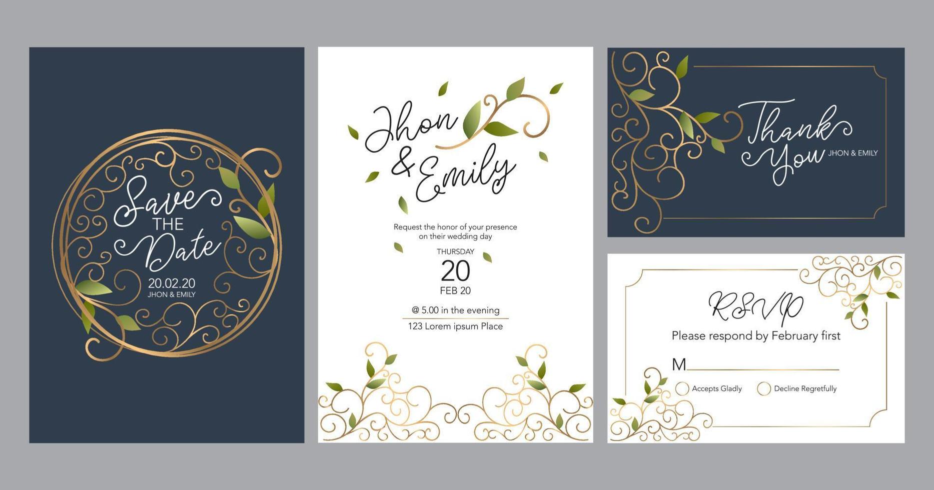 tarjetas de invitación de boda, guarde la fecha, gracias, plantilla rsvp. vector. línea blanca y dorada. vector