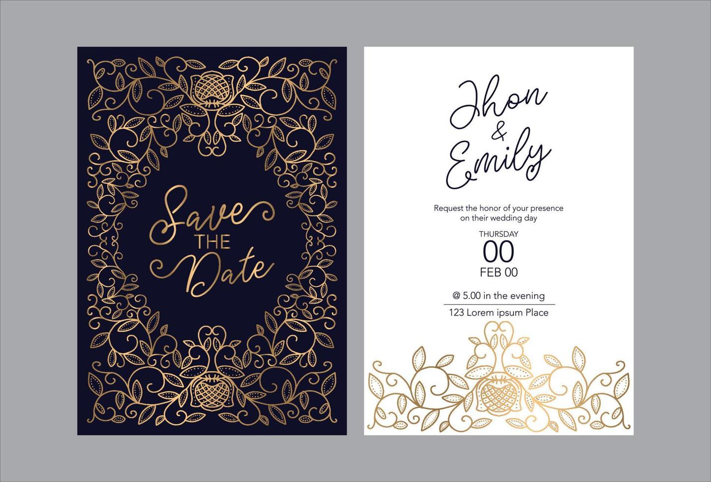 Wedding invitation cards baroque style gold. Vintage Pattern. Retro Victorian ornament. Frame with flowers elements. Vector illustration.