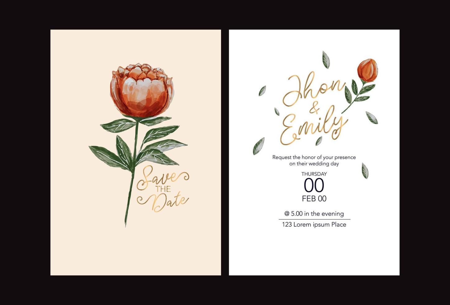 Wedding invite, invitation, save the date card with vector floral bouquet frame design peony