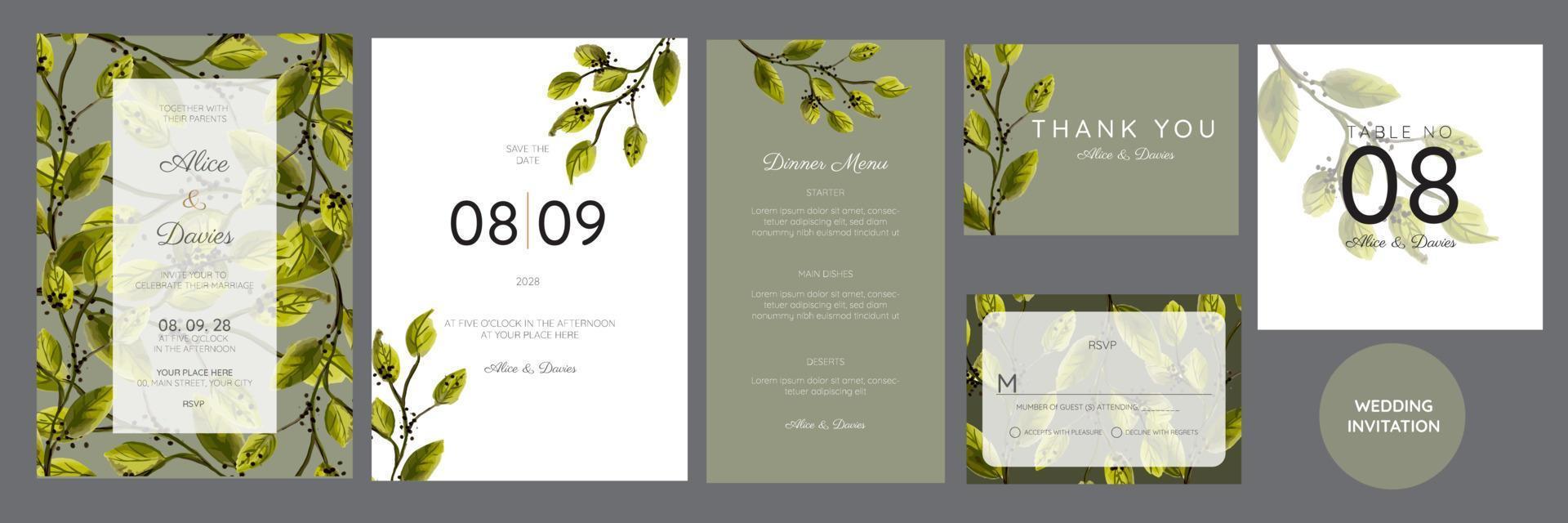 Elegant watercolor wedding invitation card with greenery leaves vector