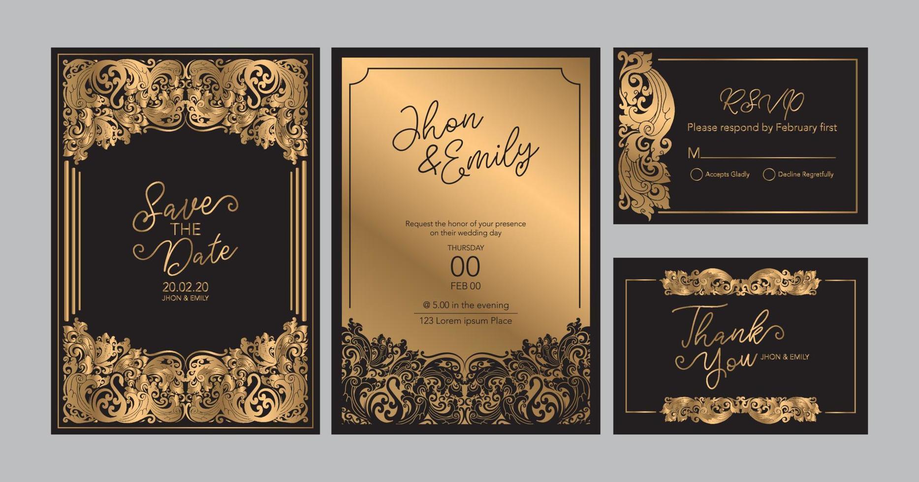 tarjetas de invitación de boda estilo barroco dorado. patrón de la vendimia ornamento victoriano retro. vector