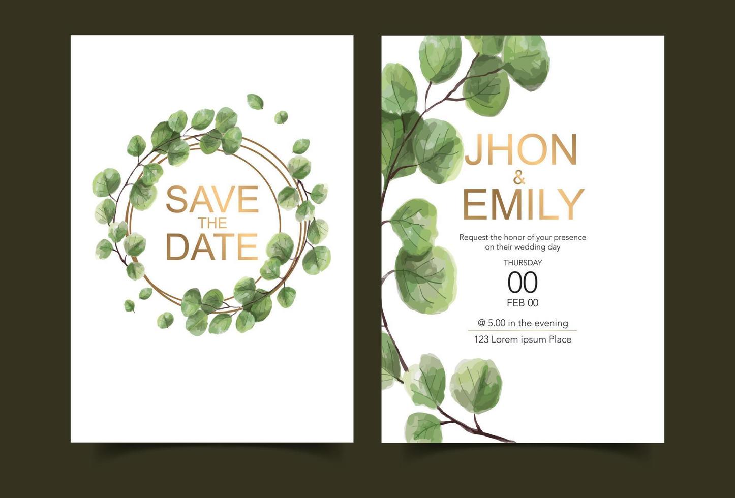 Wedding Invitation card, floral invite thank you, rsvp modern card Design, green eucalyptus leaf greenery eucalyptus. vector