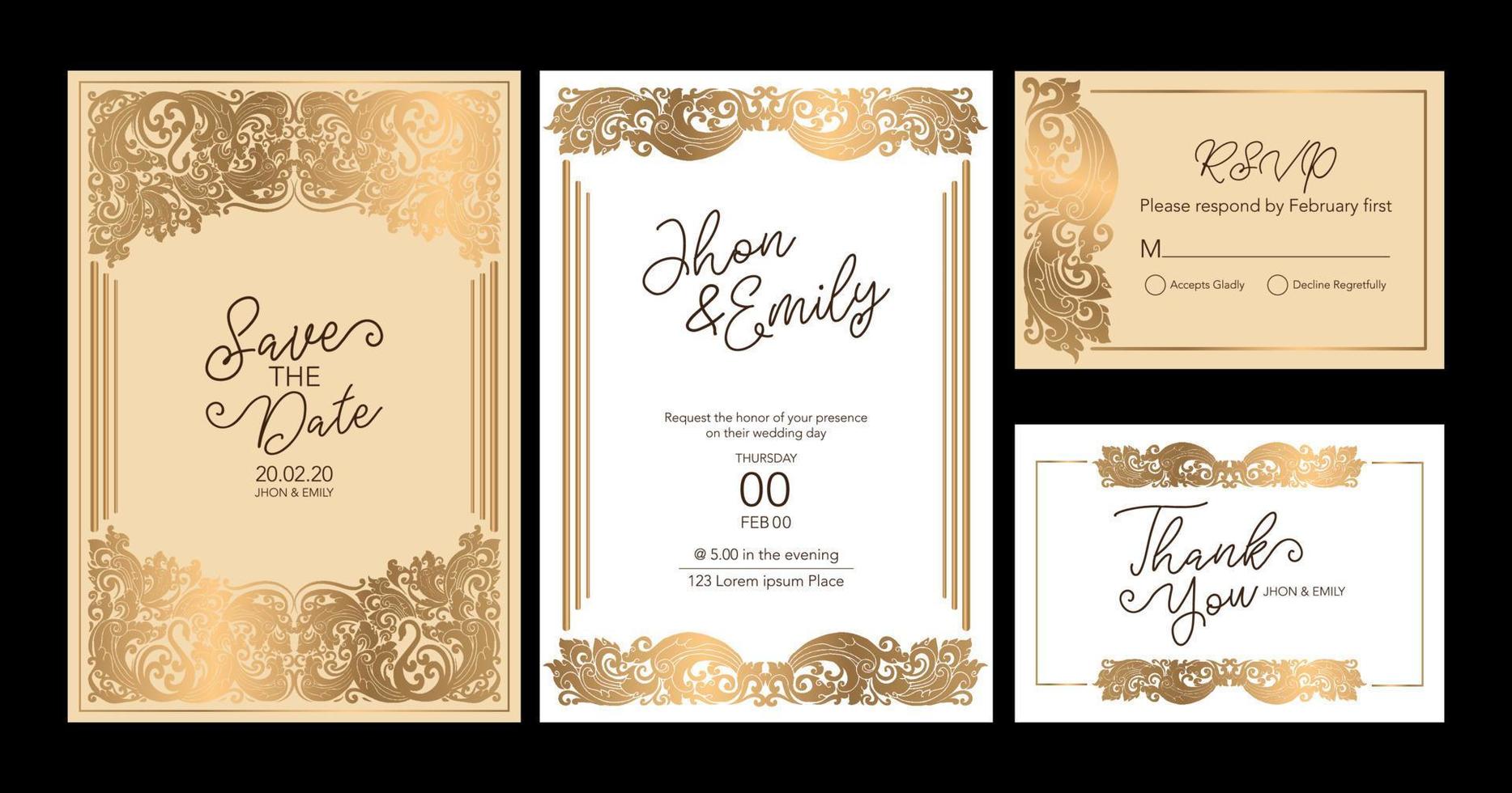 tarjetas de invitación de boda estilo barroco dorado. patrón de la vendimia ornamento victoriano retro. vector