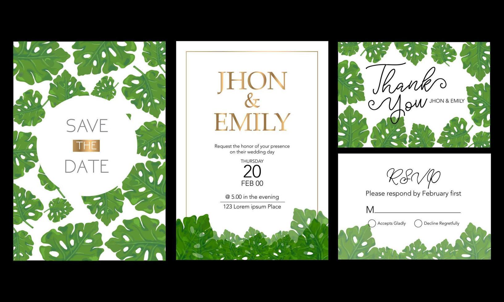 Elegant watercolor wedding invitation card with greenery leaves vector