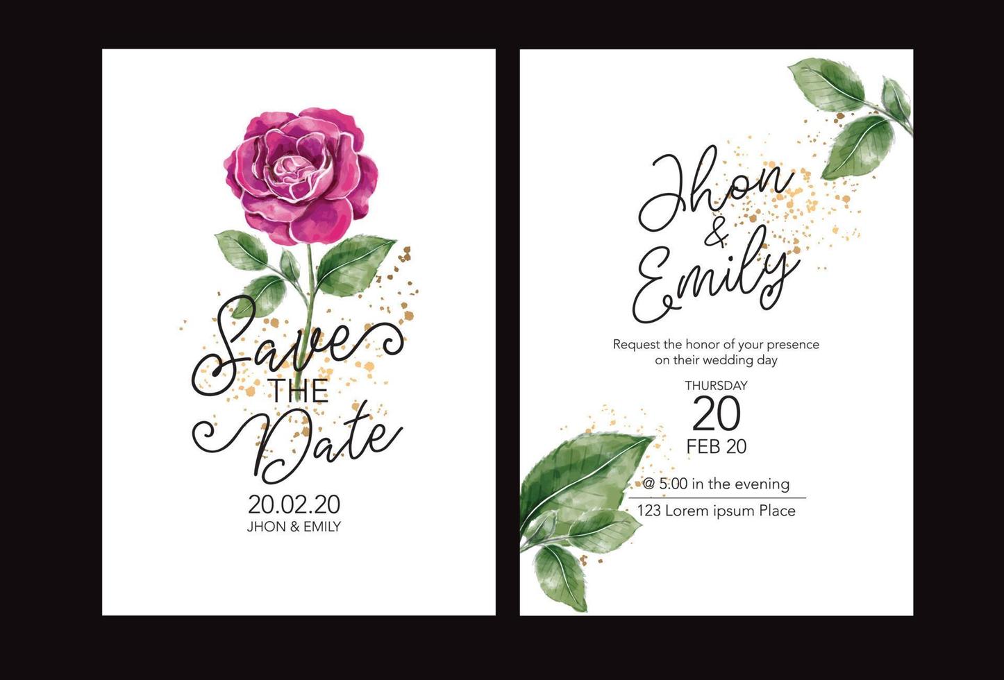 plantillas de tarjetas de invitación de boda con hermosa flor rosa roja acuarela vector