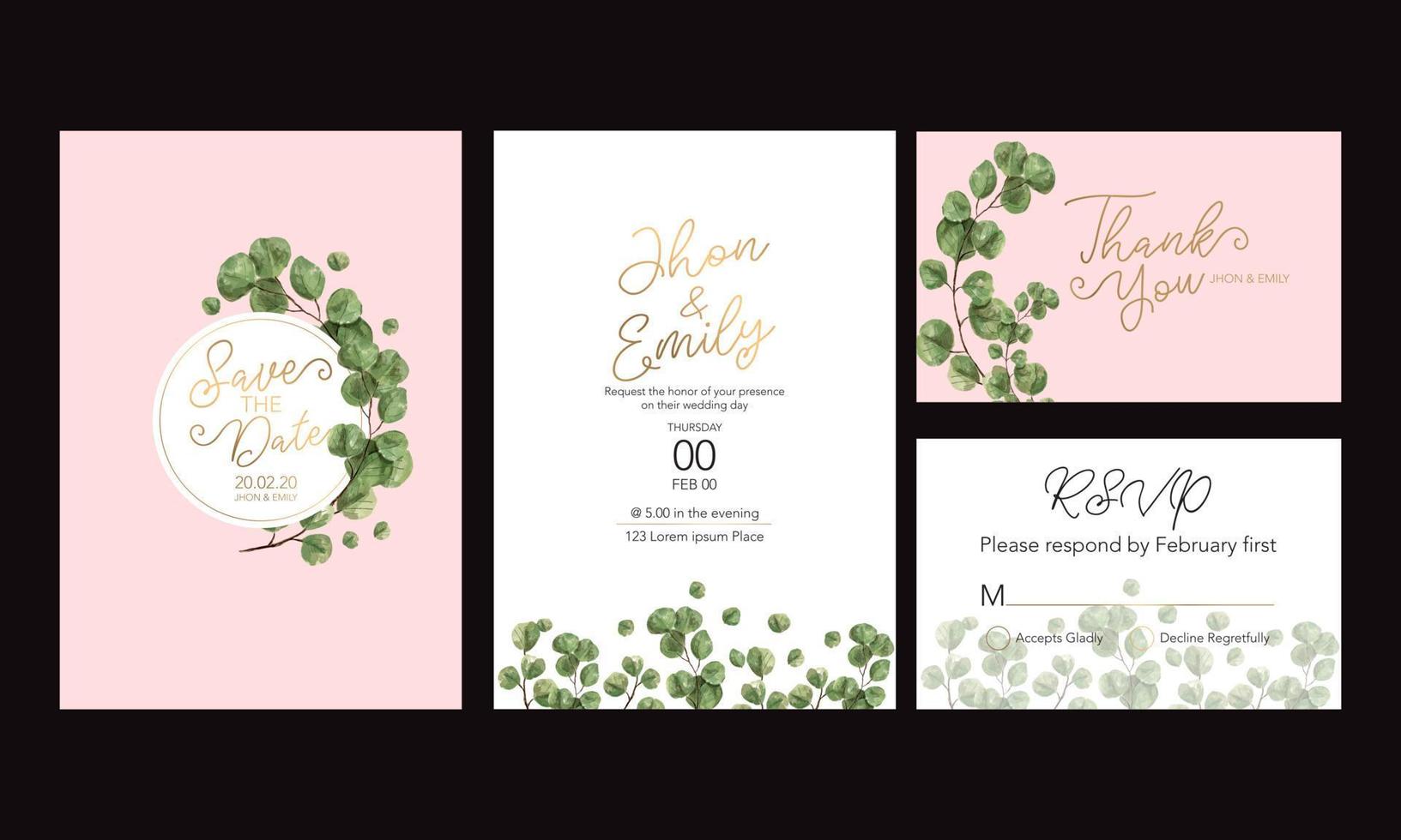 tarjeta de invitación de boda, invitación floral gracias, diseño de tarjeta moderna rsvp, hoja de eucalipto verde eucalipto verde. vector