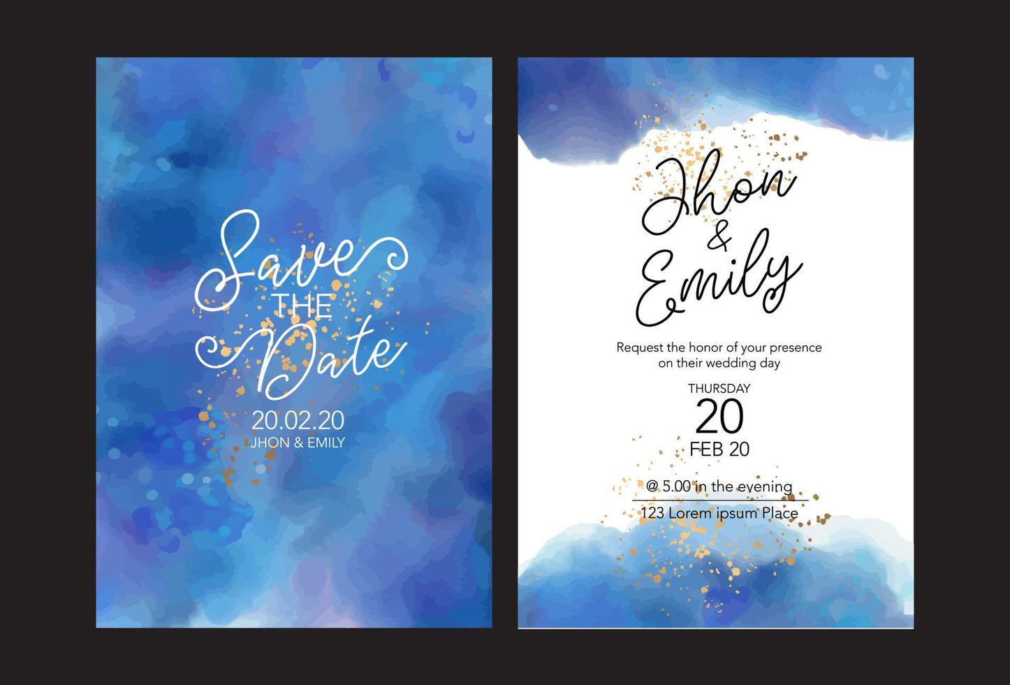 Set of Wedding Invitation, floral invite, thank you, rsvp rustic card design with gold foil decoration. Vector elegant modern template, trendy cover, graphic poster, retro brochure, design template