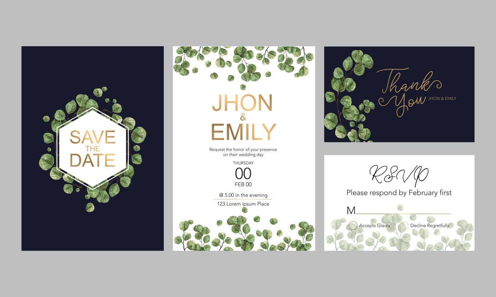 Wedding Invitation card, floral invite thank you, rsvp modern card Design, green eucalyptus leaf greenery eucalyptus. vector