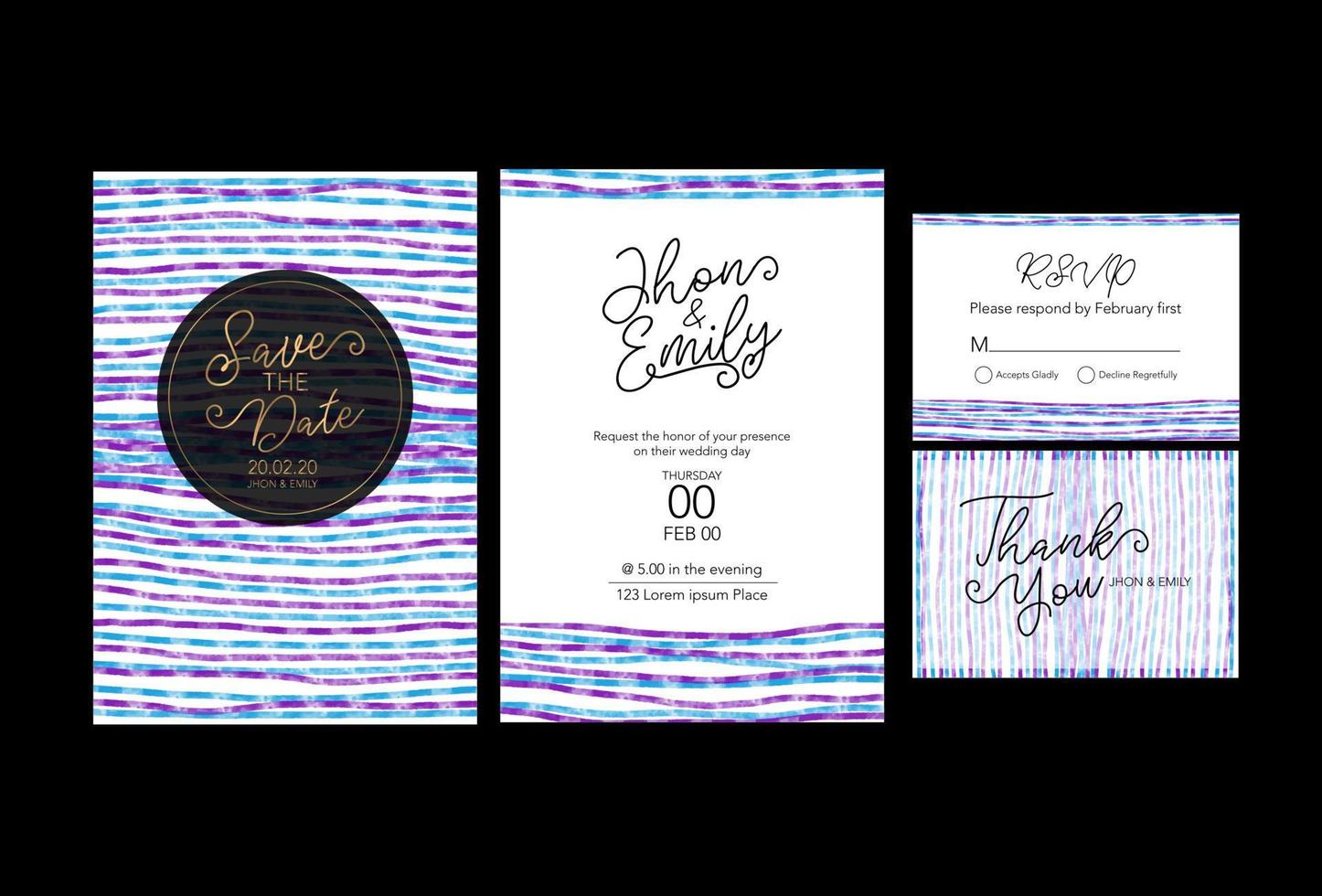 invitación de boda de línea abstracta en variaciones de color púrpura y dorado vector