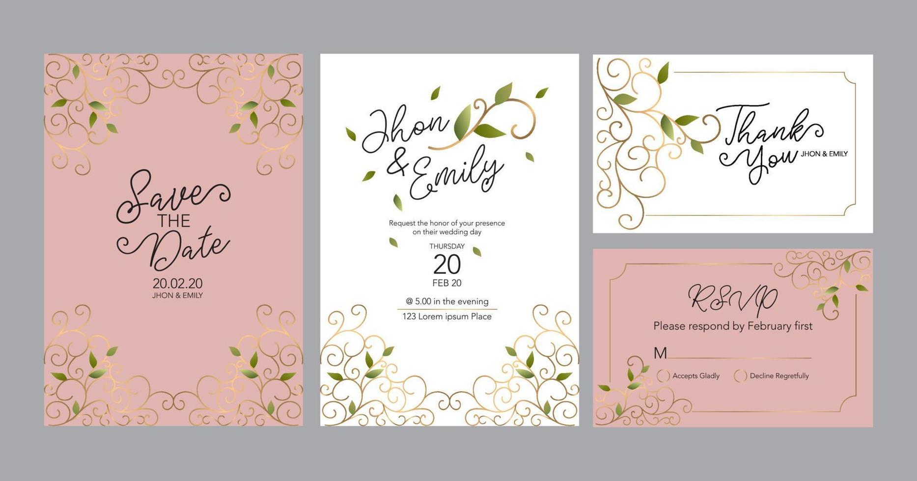 tarjetas de invitación de boda, guarde la fecha, gracias, plantilla rsvp. vector. línea blanca y dorada. vector