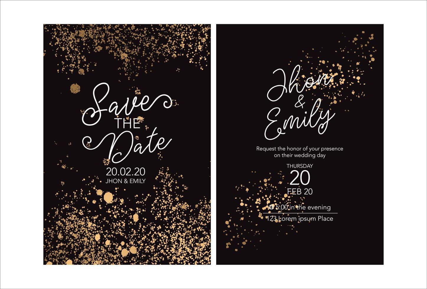 invitación de boda de línea abstracta en variaciones de color púrpura y dorado vector