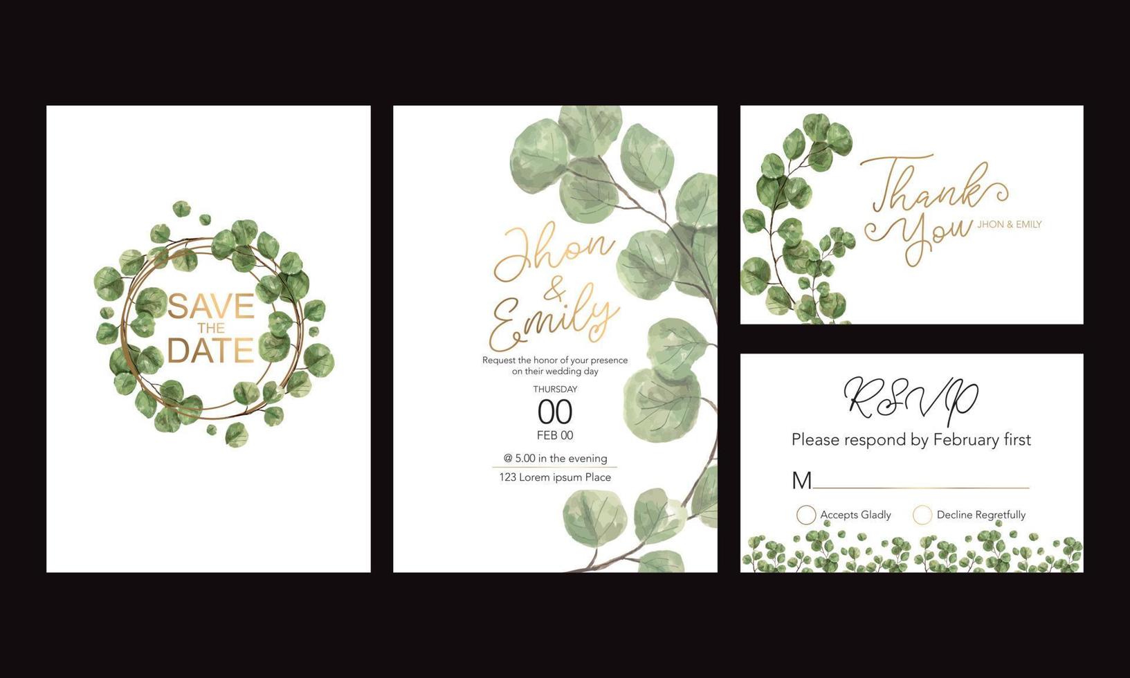 Wedding Invitation card, floral invite thank you, rsvp modern card Design, green eucalyptus leaf greenery eucalyptus. vector