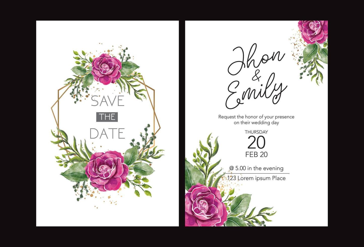 Wedding Invitation card templates with beautiful watercolor red rose flower vector