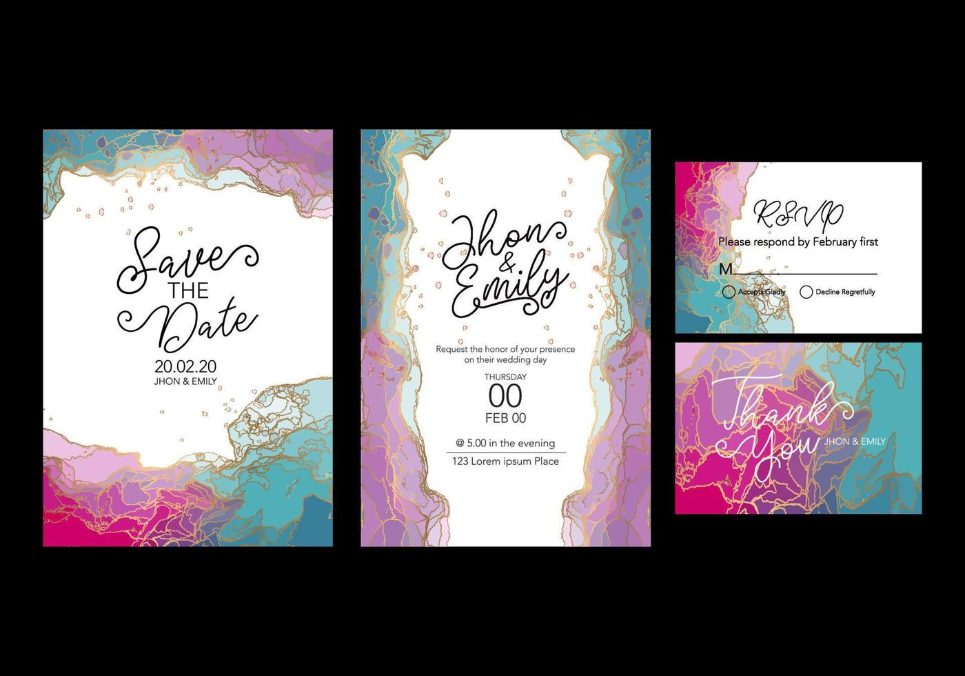 Set of Wedding Invitation, floral invite, thank you, rsvp rustic card design with gold foil decoration. Vector elegant modern template, trendy cover, graphic poster, retro brochure, design template