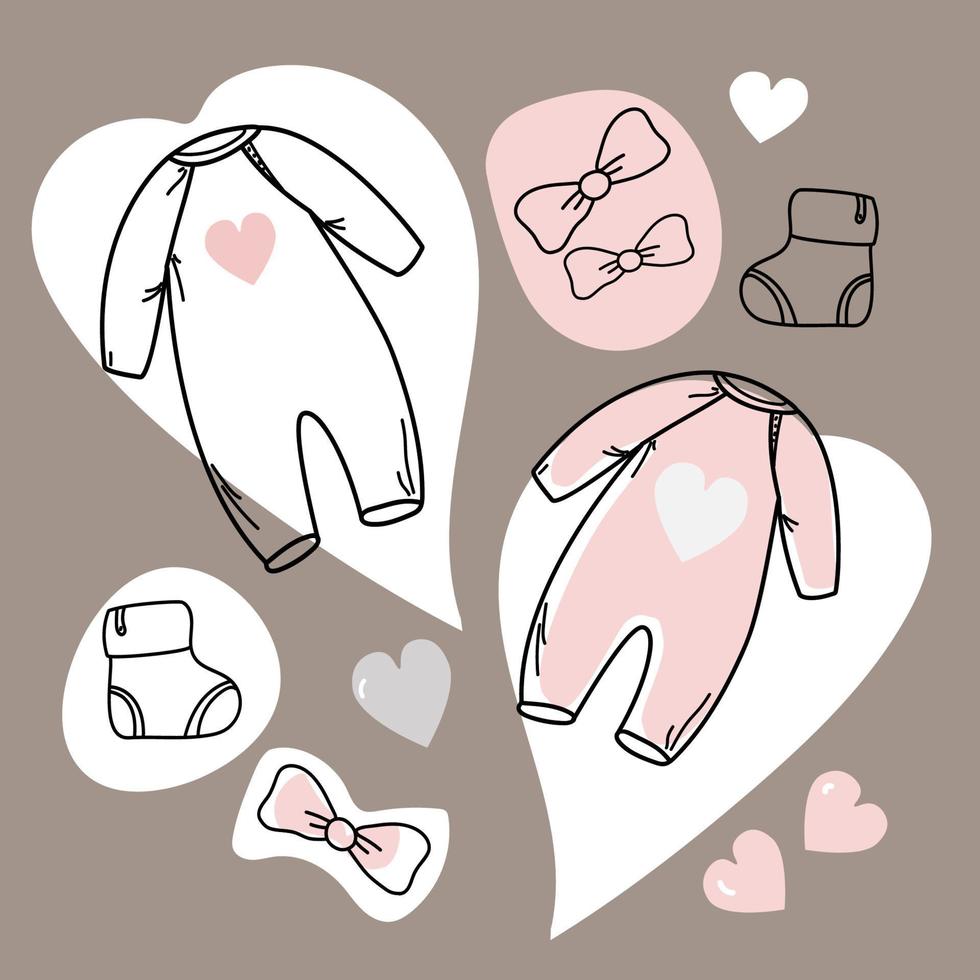 Set Elements of hand drawn baby Boy Girl clothes. Cartoon sketch style doodle for icon, banner. vector