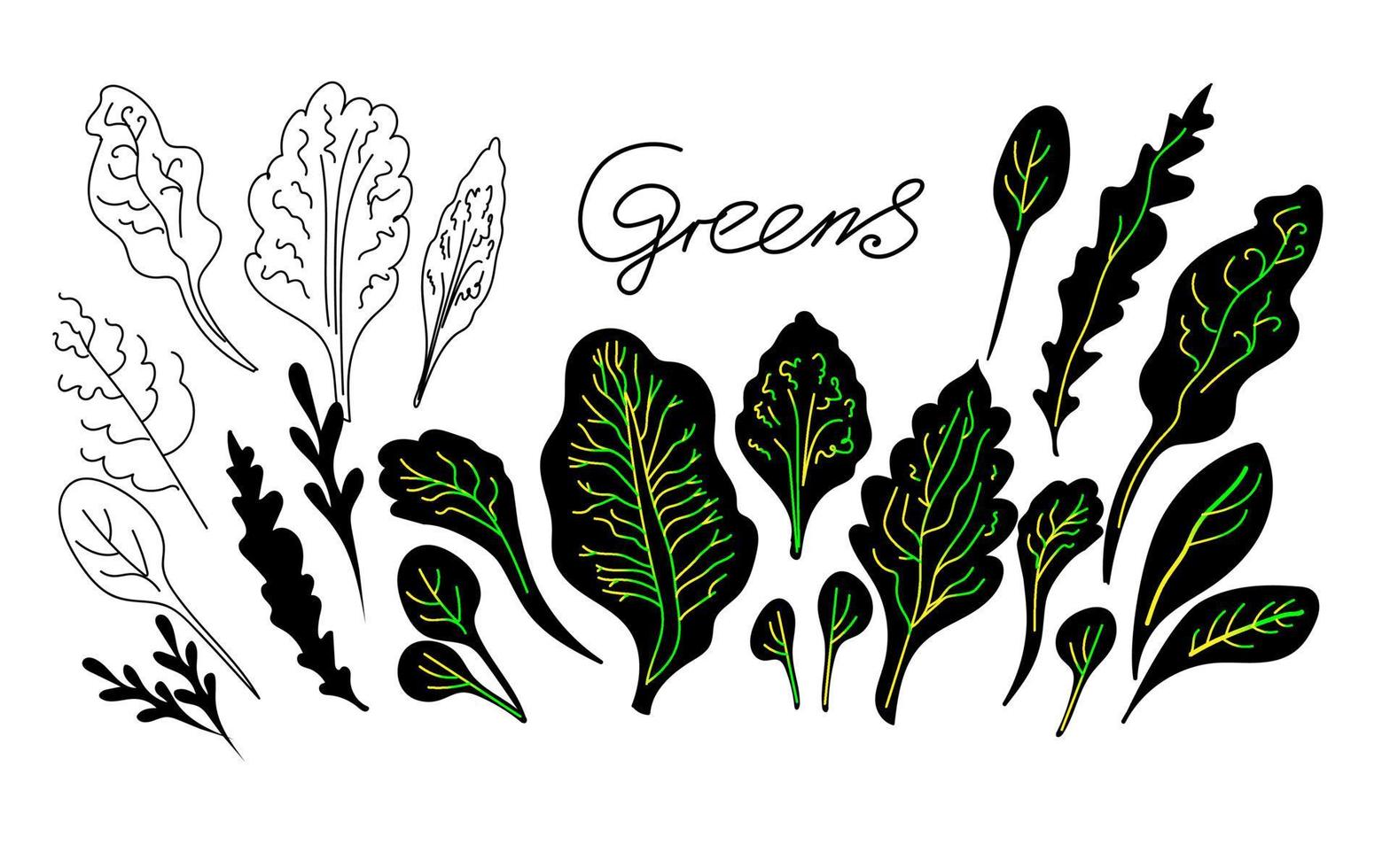 Set doodle sketch hand drawn greens. vector