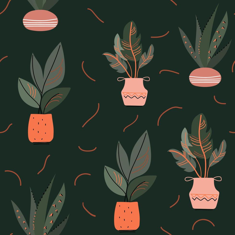 colores boho de plantas caseras de patrones sin fisuras, interior biofílico y diseño vectorial de dibujos animados dibujados. vector