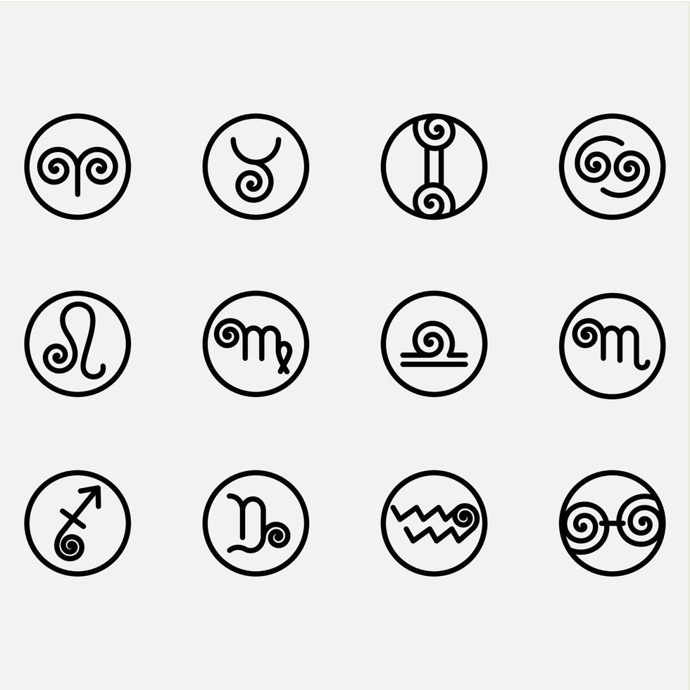 black line zodiac spiral style icon set vector design