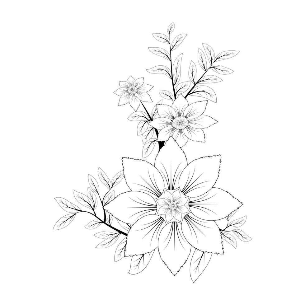 Vector illustration, isolated tagetes flower with leaves in black and white colors, outline hand painted drawing