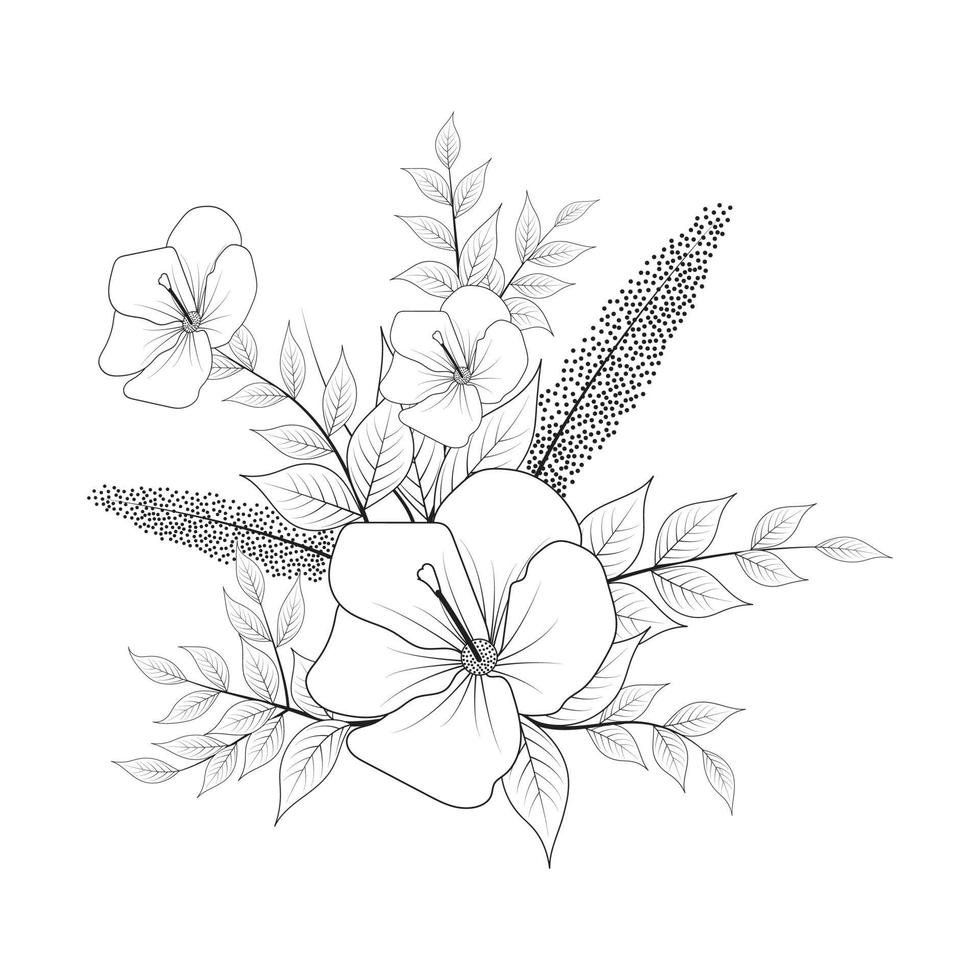 Tropical flowers bouquet. Floral composition. Black lines on white background. Vector illustration.