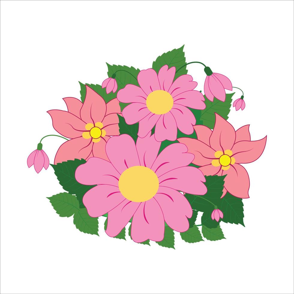 bouquet of pink flowers of Rosehip on bright green background. Vector floral illustration in cartoon flat style.