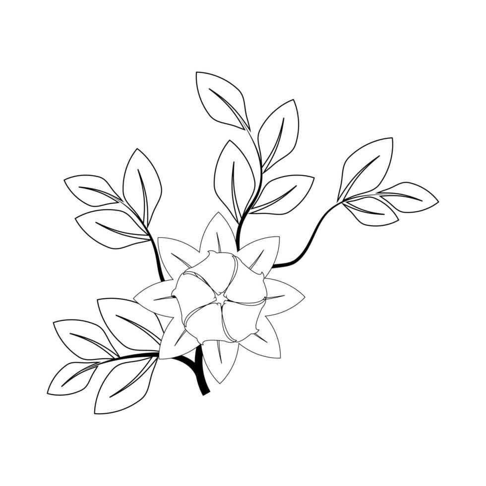 Isolated vector illustration. Floral branch with two flowers. Folk style. Black and white linear silhouette.