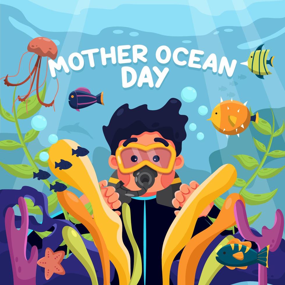 concepto de celebración del día del océano de la madre feliz con buceo masculino vector