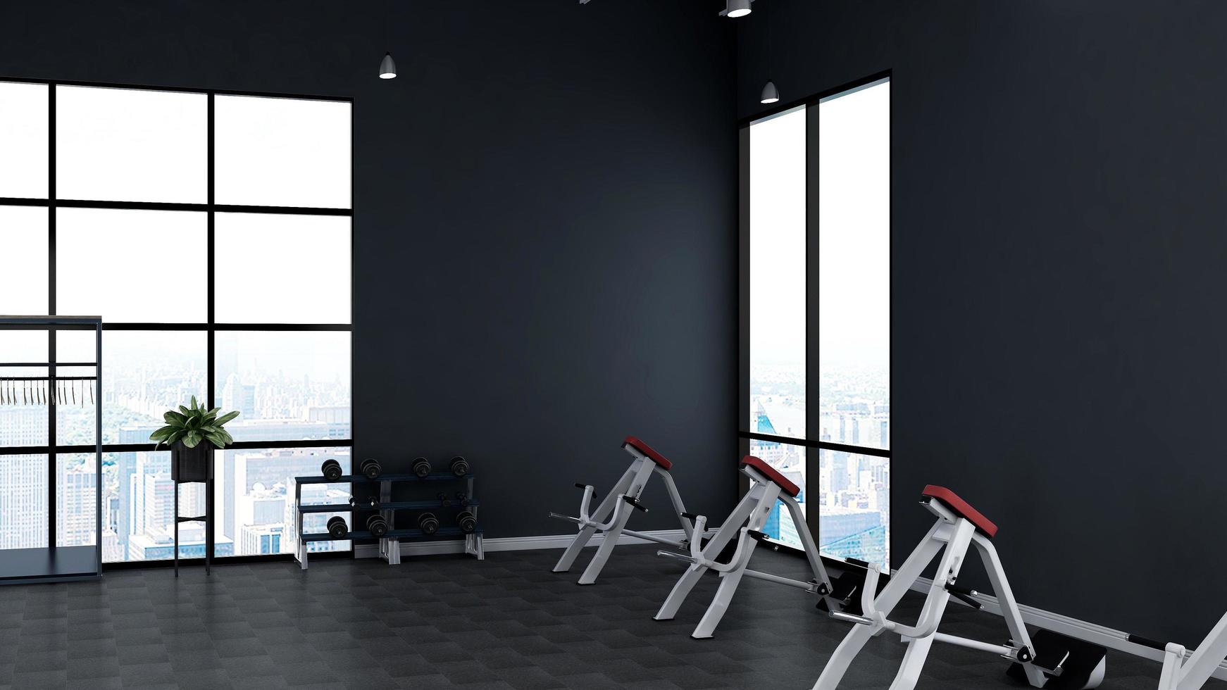 Maqueta de pared de sala de gimnasio o fitness moderno de renderizado 3d foto