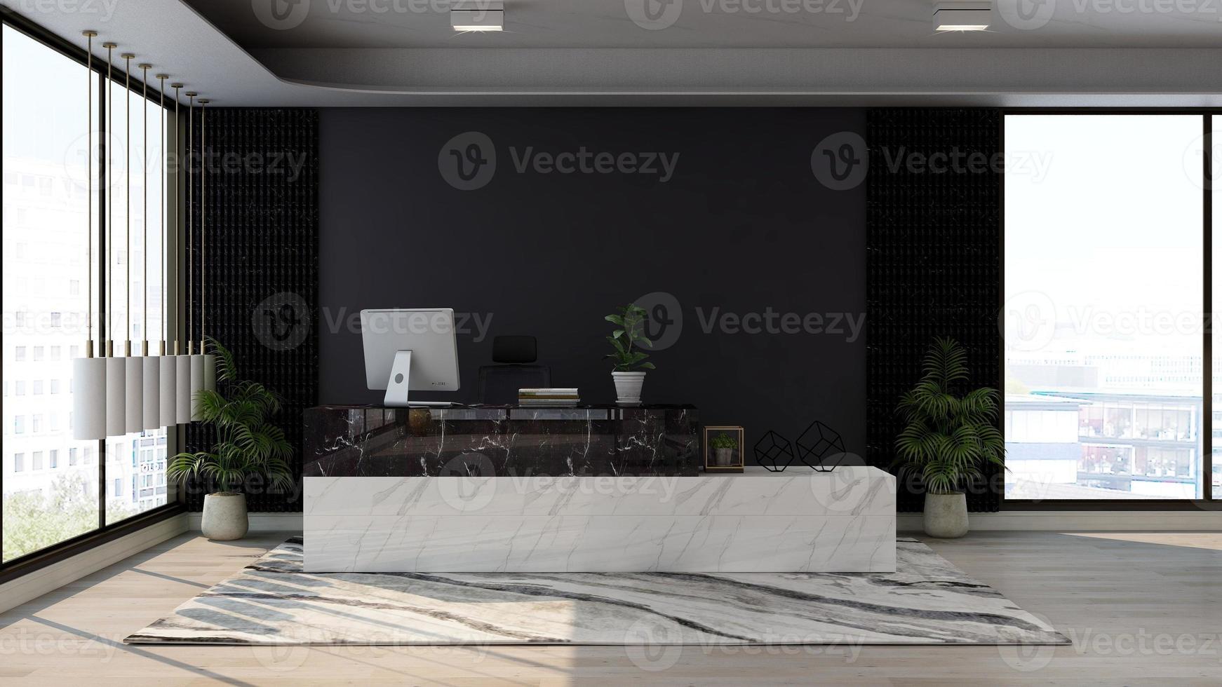 3d render luxury office reception or front desk interior design for logo mockup photo