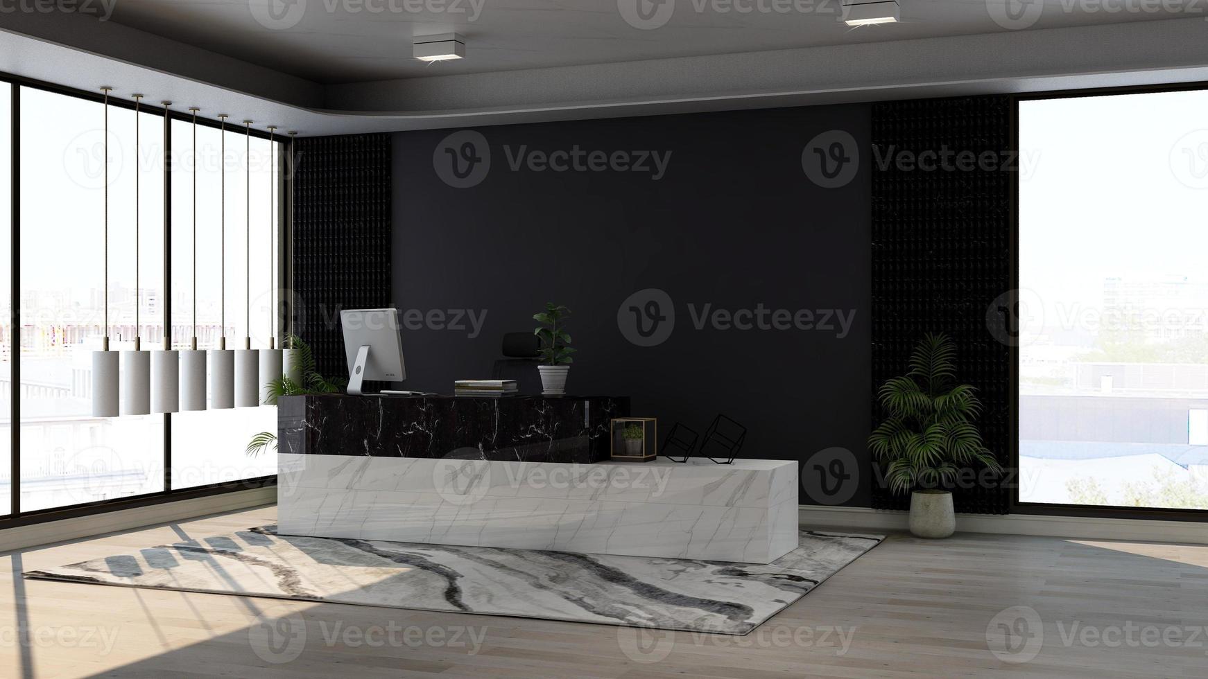 3d render luxury office reception or front desk interior design for logo mockup photo