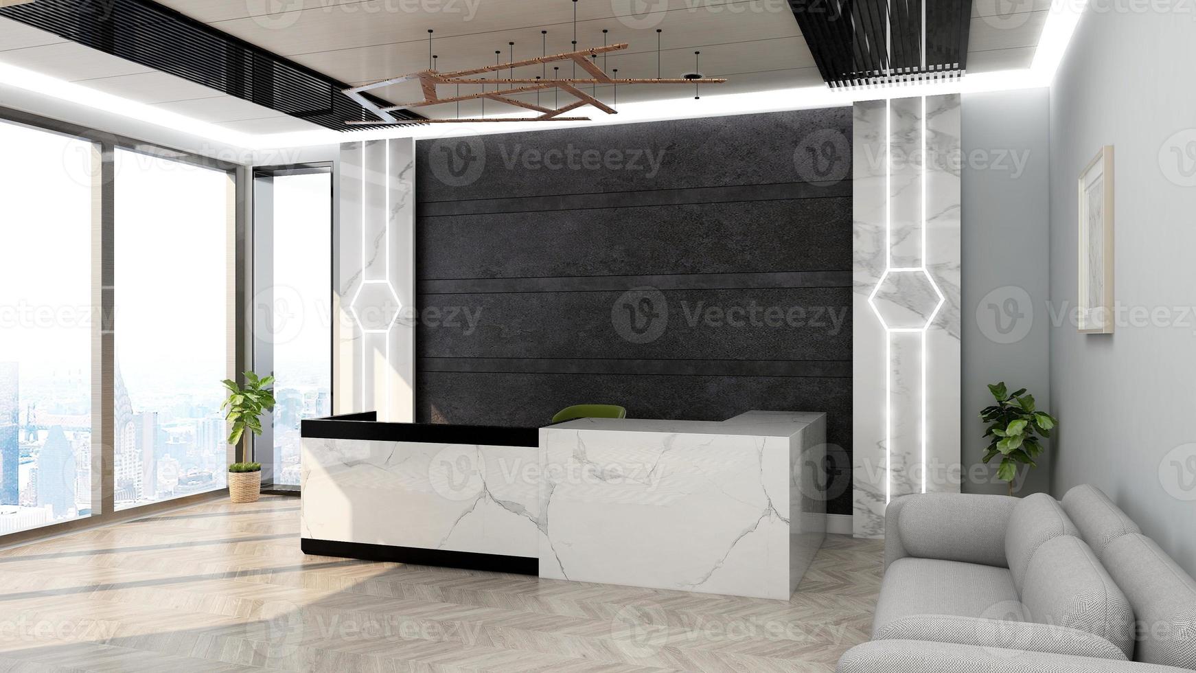 3d render luxury office reception or front desk interior design for logo mockup photo